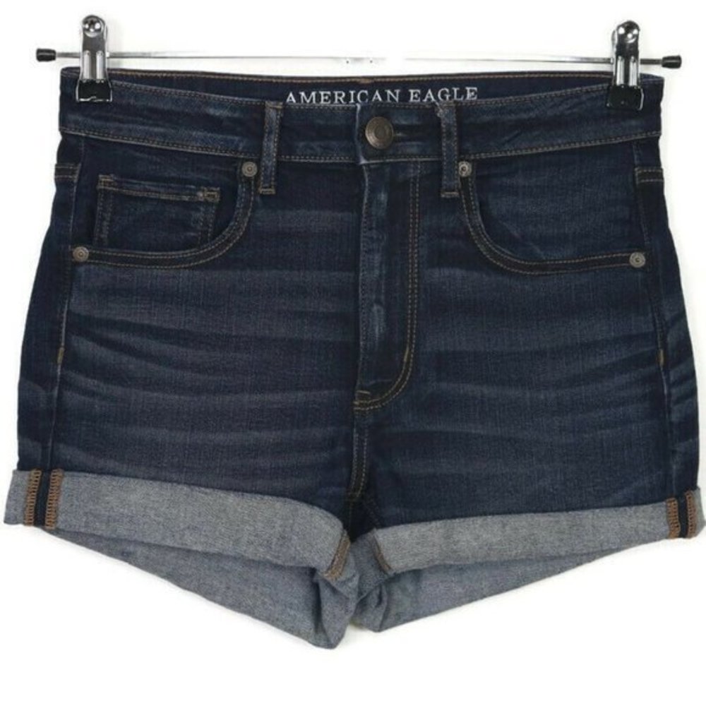 American Eagle Super Hi-Rise Shortie Super‎ Stretch Cut Off Jean Shorts 6 Dark